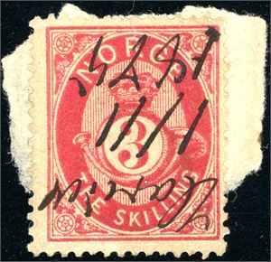 18. 3 skilling Posthorn på lite papirstykke, med håndskrevet dampskipsnavn "Uranus 1/11 1875".