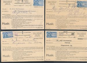 RADIO AVGIFTSMERKER 4 kort fra 1933-35 med 10kroner merke. Stemplet i Stabekk