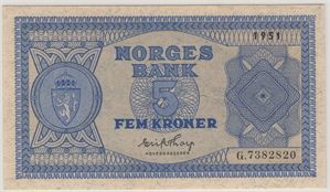 5 kroner 1951 G.7382820. Kv.0/01