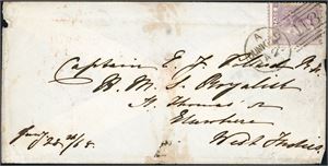 DWI. 6d Victoria on envelope (Soldier/Seemen rate), cancelled with duplex "Dunkeld Ja 23 65 118". "London" in red and "St. Thomas Fe 17 65" at reverse. Some stain and the stamp with a short corner perf.