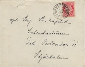 IV-87 IV-87 (type 2) LILLE SARTOR (HO/8) på brev med NK 100 adressert til Feltpostkontor nr. 11 i Stjørdalen. Avsender N. Espelid Waage, Lille Sartorö.