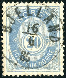 40 IIa. 20 øre blå, pent fullstemplet "Bjelland 16.6.85" (VA).