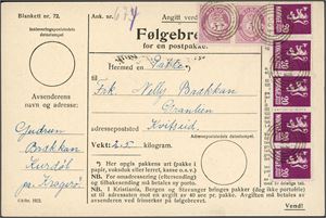 118,127. To 5 øre Posthorn og fem 20 øre Løve I på følgebrev, annullert med 4-rings "681" (Kurdølen, Sannikedal, TE). Baksiden med to stempler "Kviteseid 23.12.25".