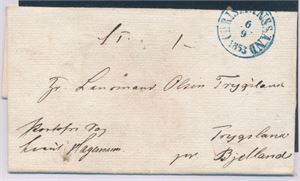 Prefrim Christianssand 6-9-1853. Portofritt i blå farge sent til Trygsland pr Bjelland