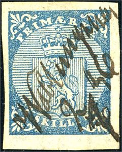 1. 4 skilling våpen 1855, anert med håndskrevet "Wablungsnæs 2/7 56" (MR). Tre gode marger, litt smal i venstre side. Attest Macoveanu.