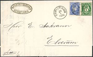 16 Ib,17c. 1 skilling- og 2 skilling Postghorn på brevomslag, stemplet ""Christiania 29.4.1874".