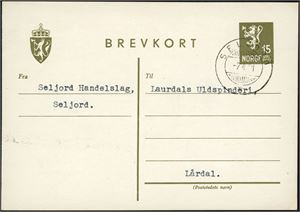 15 øre Brevkort med hjelpestempel "Seljord 7.4.41" (TE).