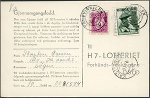 240,345. 5 øre Posthorn og 10 øre Nasjonalhjelp på H-7 kort, annullert med KPH "Tånevikkilen" (VA, 7 pkt) og ved siden stemplet "Kristiansand 9.1.46".