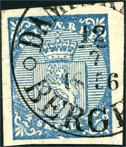 1. 4 skilling Våpen 1855, rettvendt stemplet "Dampskibet Bergen 12.7.1856". Gode marger. Attest.