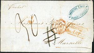A complete letter from Puero-Cabello, Venezuela to Marseille, with "Colonies &c Art.13" and "Angl. Cadais 31 Aout 54" postmarks, both in red on front. On reverse "Porto-Cabello Au 9 1854", one British " 30 Au 30 1854" and arrival cds "Marseille". The letter have first been handlet as a single weight letter and got a "15" (decimes) postage mark, then overwritten and got a "30" besides.