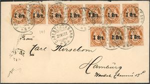 48 II. 20 øres porto til Tyskland. Ti 2 øre Provisoirie på konvolutt til Hamburg, stemplet "Christianssand S 25.6.91". Ankomststemplet på baksiden..