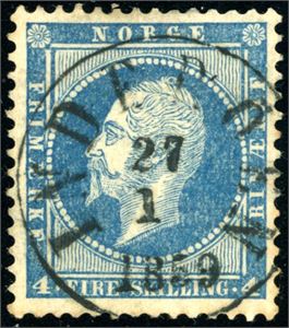 4. 4 skilling Oscar, fullstemplet "Inderøen 27.1.1859" (NT).