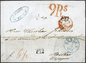 Brevomslag, stemplet "Bergen 2.9.1852" og sendt til Bilbao, Spania. Ulike stempler på for- og bakside. Horisontal arkivbrett.