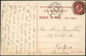 77. 10 øre Posthorn på postkort, annullert med 4-rings "295" (Løddesøl, Øiestad, AA) og ved siden stemplet "Grimstad 6.8.03".