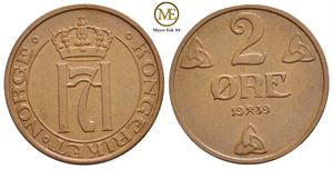 2 øre 1939 Haakon VII. Kv.0