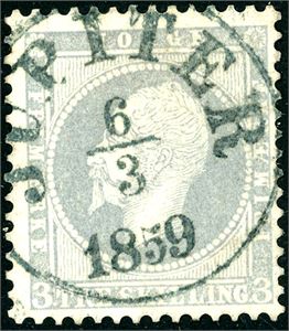 3. 3 skilling Oscar, pent anert med dampskipstempel "Jupiter 6.3.1859". Noe blek i fargen.