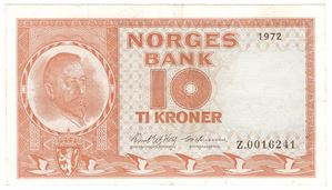 10 kroner 1972 Z.0016241 erstatningsseddel. Kv.1+