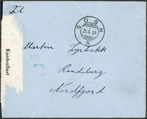 Ufrankert konvolutt, stemplet "Sogn B 25.4.40" og sendt til Nordfjord. Hvit sensurstripe i venstre side med tekst "Kontrollert Kontroll kontor nr.3".