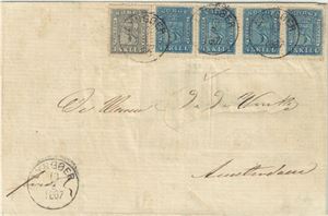 NK 7 + 4-stripe NK 8 på brevomslag til Nederland stemplet "Lyngøer" 13-9-1867. Dette er et Vinke brev der adressatens navn er skåret ut for senere å bli restaurert. Attest Aune fra 1997 nevner også at det er noen avklipte tagger på merket til høyre. Sjeldent brev med 19 skillings porto til Nederland.