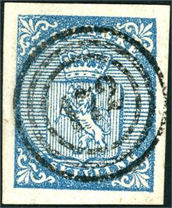 1. 4 skilling våpen 1855, anert med nummerstempel "172" (Laurvig, VF). Gode marger.