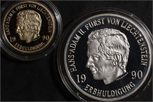 50 franken 1990 Liechtenstein Proof Gull + 10 fr sølv