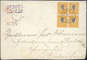 29. DWI. 200 Bit postage to Denmark. 50 Bit in a block of four on registered envelope to Copenhagen, cancelled "St. Thoams 10.4.1914". Arrival cds "Kjøbenhavn 6.5.14" together with an Official Post-offic Seal "St. Thomas" type C at reverse.