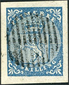 1. 4 skilling Våpen 1855, annullert med 10-streks riststempel . Meget gode marger.