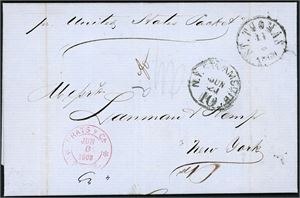 A complete letter dated St. Thomas 25th Feb 1837 and sent to New York with a red postmark "Ship" and "Baltimore Md mar 22". On the top of the letter innside and on the reverse have been written "Duplicate 1837". The letter with two some heavy vertical creases. Also one complete letter from 1869, with "Forwarded by G.W.Smith & Co St. Thomas" on reverse.