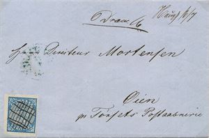 NK 1 Pent brev med Pent NK1 med kryssende blekkstreker på helbrev datert Eker Kobberverk pr. Drammen 15. juli 1855, transittstemplet "Christiania 22.7.1855" og sendt til Øien. På forsiden håndskrevne påtegninger "Dram. 16" og "Hougs 16/7