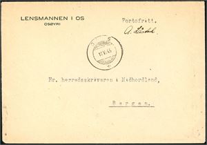 Tre konvolutter fra Lensmannen i Os, alle sendt portofritt, og alle med Hjelpestempel "Os" i juni 1945.