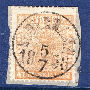 F4b 8 skill bco brunaktigt orange på brevstycke, stpl Söderhamn 5.7.1856, prövnningsbevis Sjöman,