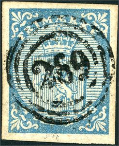 1. 4 skilling våpen 1855, anert med nummerstempel "269" (Slidre, OP, 10 pkt). Normale marger.