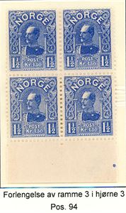 94. 1 1/2 kr Haakon 1909. 11 merker montert etter varianter/fluelort.