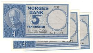 5 kroner 1960 H.3170193-95 i serie. (Kv.01)