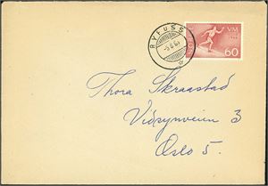 573. 60 øre VM 1966 på konvolutt, annullert med hjelpestempel "Ryfoss 5.8.66" (OP).