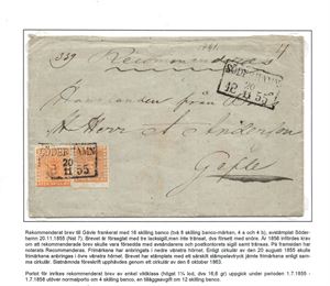 SVERIGE F4a, 4b rekommenderat inrikesbrev frankerat med två st 8 skill bco, i två olika nyanser, ett märke