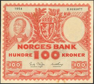 100 kroner 1954, serie Z.0181077. Erstatningsseddel. 1-