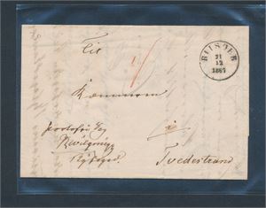 Portofritt brev stemplet "RIISØER 21-12-1867" til Tvedestrand. Rød strek på forsiden, segl fra Byfogden bak