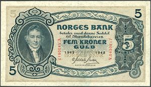 5 kroner 1943, serie V.5430817. 01