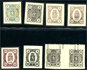 Finland. 15 unperf stamps (?), mostly in pairs, all of them with gum. Also one block of 3 of 50 p green on a smal piece with cds, and 8 proofs(?) in black, and three other items.
