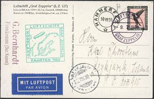 A German 1 Mk on postcard, cancelled "Luftschiff Graf Zeppelin 9.7.1930". At side "Luftschiff Graf Zeppelin Nordland-Fahrten 1930" in green, "Hammerfest 10.7.30" and "Reykjavik 25.7.30".