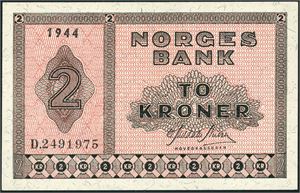 2 kroner 1944, serie D.2491975. 0/01