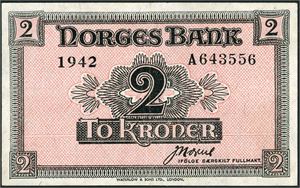 2 kroner London 1942, serie A 643556. 01
