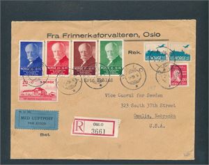 Nk 193-96, 155 I x2, 184 og 191 på rek luftpostbrev til USA stemplet "OSLO 2-10-36". Ankomststemplet "OMAHA OCT 31 1936"