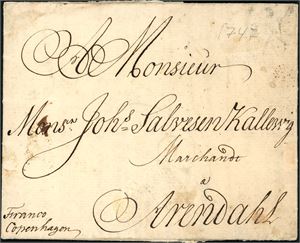 Komplett brev, datert "Amsterdam 28. oct 1747" og sendt til Arendal. Påskrevet "Franco Copenhagen" i nedre venstre hjørne. Baksiden med kartering "4" og porto "10" som ble oppkrevd i Arendal.