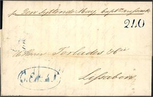 Komplett brev datert "Trondhjem 26. martz 1839 og sendt til Lisboa, Portugal. Påstemplemplet bl.a. portotall "210" og påskrevet "pr Den syttende May, Capt Brussack" på forsiden. Baksiden med et firkantet blått stempel.