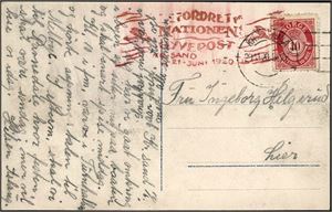 100. 10 øre posthorn på postkort, annullert med dekorativt stempel "Befordret pr. Nationen´s Flyvepost Kr-sand Kr-ania 19-21.-Juni 1920" samt ankomststemplet "Kristiania 20.6.20".