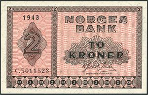 2 kroner 1943, serie C.5011523. 01