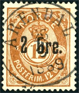 48 I. 2 øre Provisorie, rettvendt stemplet "Arendal 28.5.1889".