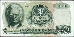 50 kroner 1966, serie X 1608035. Erstatningsseddel. God 1+